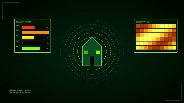 A digital Building Heat Loss analysis interface displays changing emissivity metrics on a futuristic screen as infrared radiation patterns shift across three distinct modular data view panels