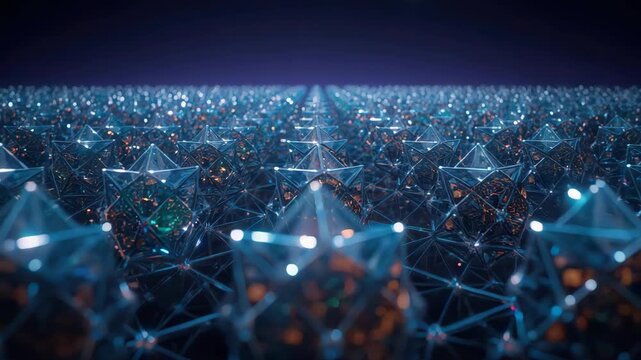 Futuristic star polyhedron geometric network of glowing nodes with immersive blue and orange