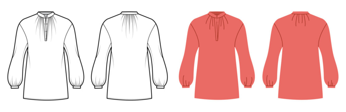 Blouse with tie neckline opening, long sleeves cuffed finish relaxed silhouette with clean minimal construction. Technical fashion illustration in black white and color, front and back views. Vector