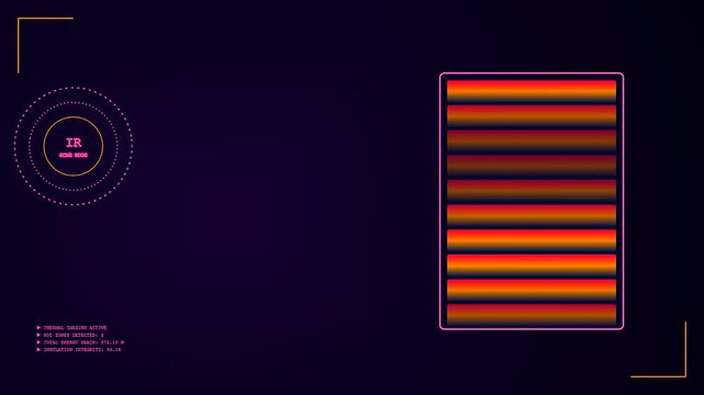 Digital Building Heat Loss analysis interface displaying thermal infrared radiation data streams and efficiency metrics. Tracks structural insulation levels across different wall sections.