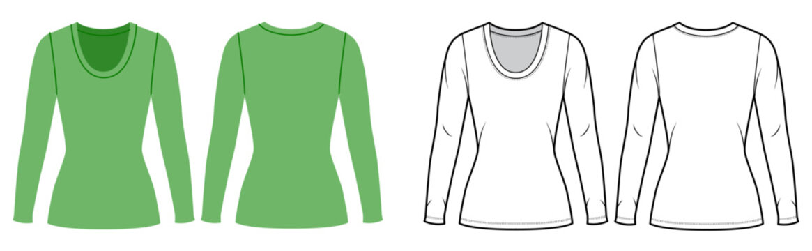 Long sleeve scoop neck top fitted silhouette, clean construction lines, minimal structure simple casual everyday wear. Technical fashion illustration in black white color, front back views, CAD