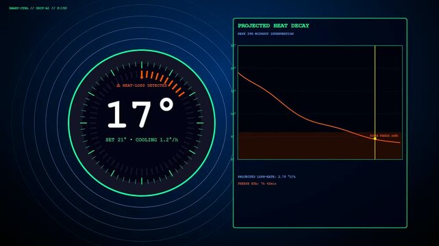 Digital Building Heat Loss analysis interface displaying temperature decline metrics with predictive cooling curves. Continuous frames show systematic monitoring in a futuristic environment.