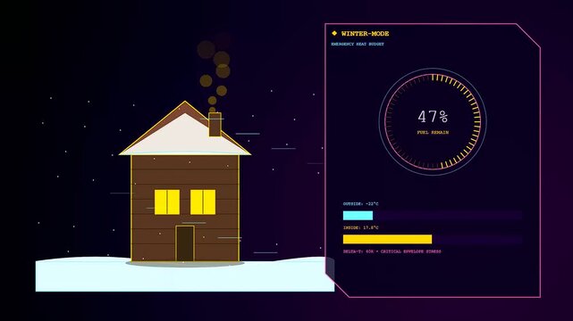 A digital graphic demonstrating Building Heat Loss shows an isolated wooden house monitoring internal temperature changes and fuel consumption levels across a cold winter night environment scene
