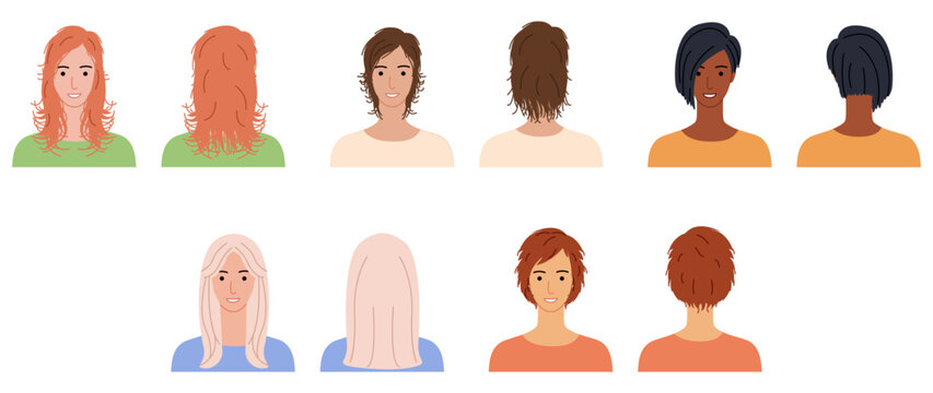 Modern haircuts flat color set with wolf cut, mullet, shag, asymmetric and curtain bangs hairstyles, trendy vector characters for beauty apps and fashion illustration