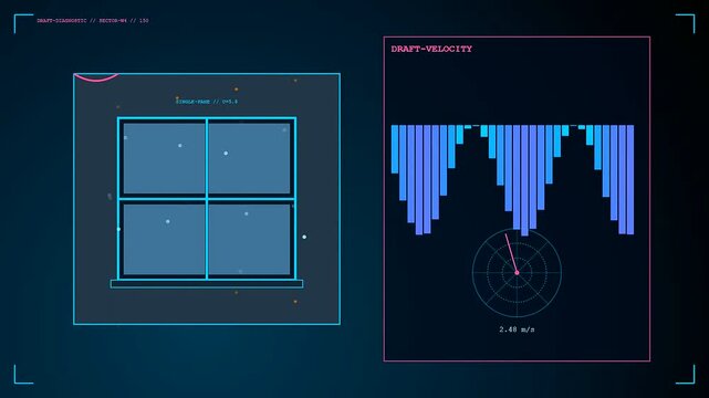 A digital Building Heat Loss analysis interface displays moving thermal data and velocity statistics on a glass window frame to monitor energy efficiency in urban structures