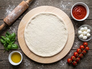Fototapeta premium raw pizza dough, fresh ingredients ready, making pizza base, rolling pin tool, tomato sauce bowl, mozzarella cheese balls, cherry tomatoes vine, olive oil dish, basil leaves bunch, wooden pizza peel,