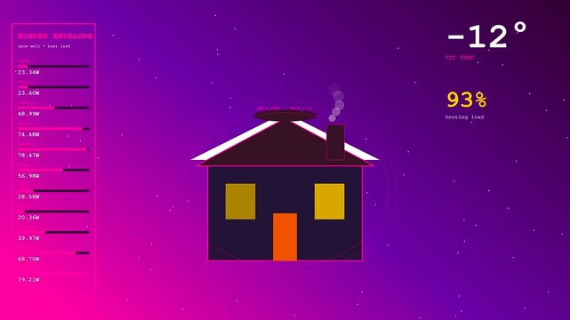 A digital graphic visualization of Building Heat Loss shows changing exterior temperatures and energy consumption percentages displayed through animated HUD style data panels on a gradient backdrop