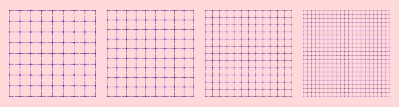 Square grid collection circle node geometry, four samples blueprint style. Round marker lattice structure, interface layouts editorial compositions planning sheets dashboards digital technology.