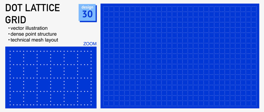 Blueprint grid system dot lattice geometry, zoom detail view. Dense point structure demonstration, engineering diagrams dashboards planning layouts interface systems digital graphics.