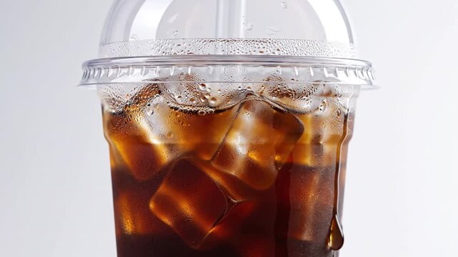 Close up of iced beverage in plastic cup with ice cubes