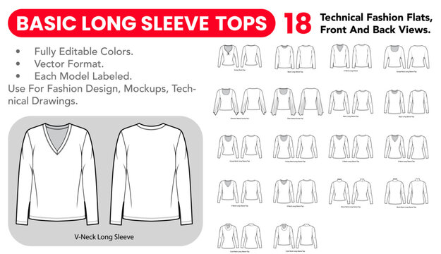Basic Long Sleeve Tops set with black and white technical fashion flats, front and back views, outline versions and simple fitted silhouettes. Vector illustration