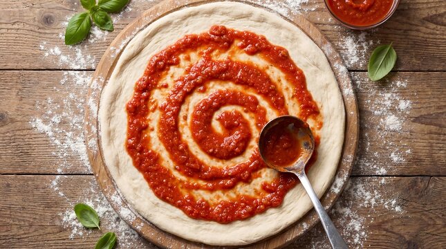 Uncooked pizza dough topped with spiral tomato sauce on a wooden table with a spoon and basil leaves.