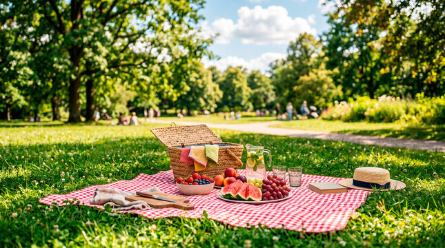A charming picnic scene in a sunny park setting, ready for relaxation and enjoyment. A red and white checkered blanket is laid out with food