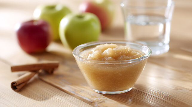 Freshly made applesauce in a glass bowl with whole red and green fruit, cinnamon sticks, and a water glass on a light wood surface under natural light
