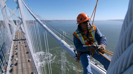 Fototapeta premium Construction Worker Ensures Safety in Bay Area Suspension Bridge Maintenance - Skilled Labor at Heights in Urban Engineering