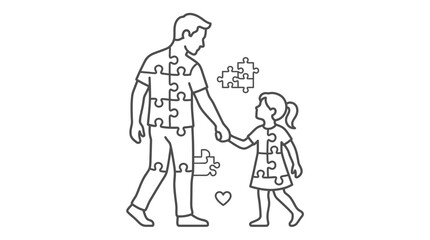 Obraz premium Father and daughter holding hands, connected like puzzle pieces, family bond, simple line art