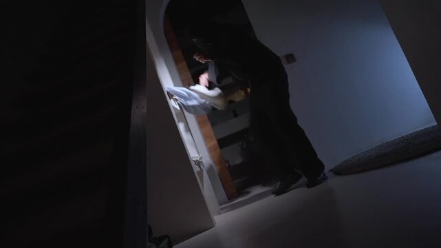 Thief breaking into a house at night to steal valuables