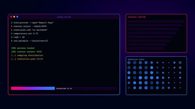 A sophisticated Prompt Engineering UI displays live data processing with active progress bars and terminal commands as the system optimizes large language model parameters for maximum efficiency.