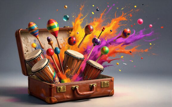 Open suitcase bursts with colorful maracas drums and vibrant confetti
