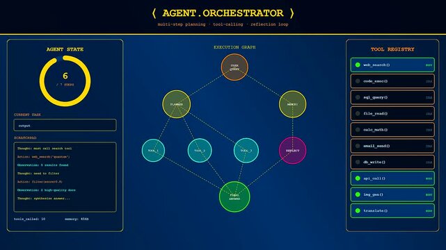 Digital motion graphics of a prompt engineering UI show a sequence of an AI agent orchestrator planning and executing tasks through connected glowing data nodes.