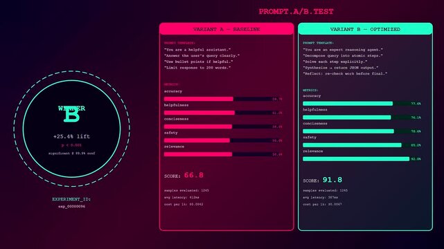 A sophisticated prompt engineering UI displays real-time comparison data between two artificial intelligence models as neon progress bars animate and update across a dark digital interface