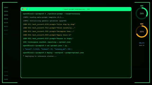 A futuristic Prompt Engineering UI shows terminal text scrolling and gauges updating as an AI model optimizes its output parameters for a high performance cloud deployment