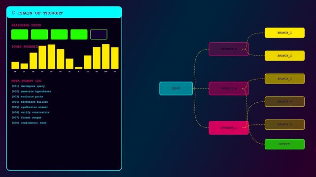 This dark themed prompt engineering UI interface visualizes artificial intelligence logic through bar charts and a branching node tree diagram illustrating advanced machine learning workflows.