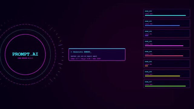A futuristic prompt engineering UI glows with neon purple and green accents while data processing modules and progress bars animate across a dark digital screen layout