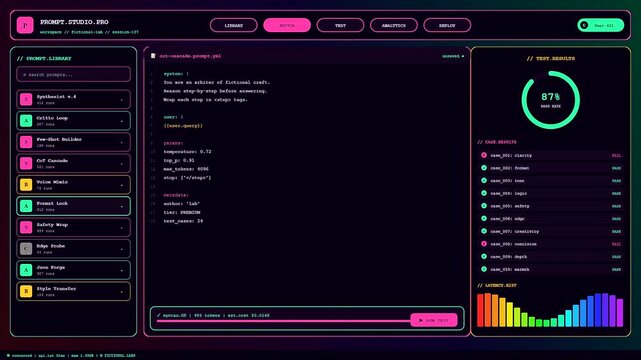 Dynamic Prompt Engineering UI showcasing animated code sequences and fluctuating data charts. Sleek dark-mode dashboard designed for advanced artificial intelligence software monitoring.