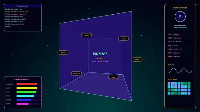 A sophisticated Prompt Engineering UI showcases smoothly rotating polyhedral models and flickering status bars that move across a dark void for high-tech data processing animations.