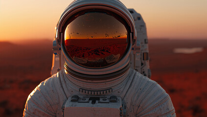 火星の夕焼けをバイザーに映す日本人宇宙飛行士のCG