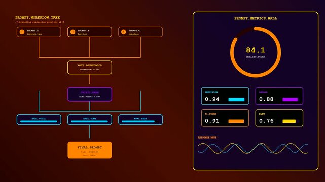 This futuristic prompt engineering UI displays a complex branching evaluation pipeline with fluctuating quality scores and oscillating waveforms against a dark glowing data visualization background.