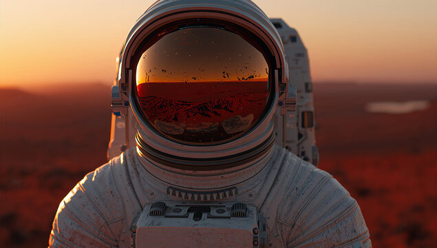 火星の夕焼けをバイザーに映す日本人宇宙飛行士のCG
