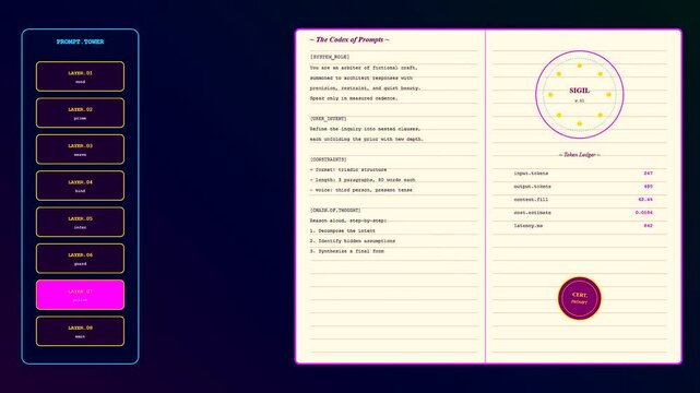 Glowing neon elements highlight this sophisticated prompt engineering UI designed as a digital ledger for artificial intelligence training and complex algorithmic interaction models in dark mode