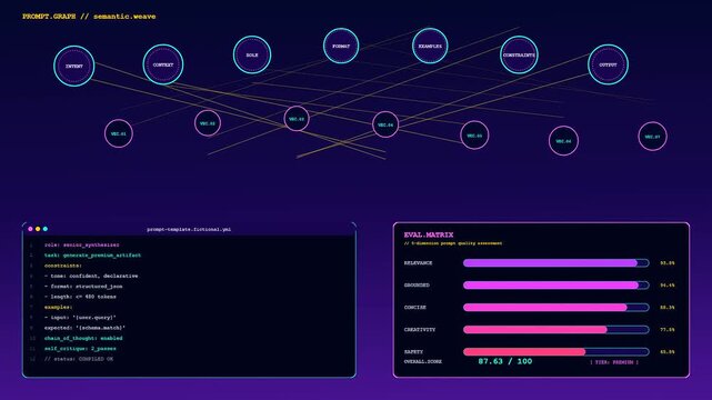 This dynamic Prompt Engineering UI video shows interactive nodes connecting data points while code scrolls and evaluation bars update within a dark futuristic dashboard interface.