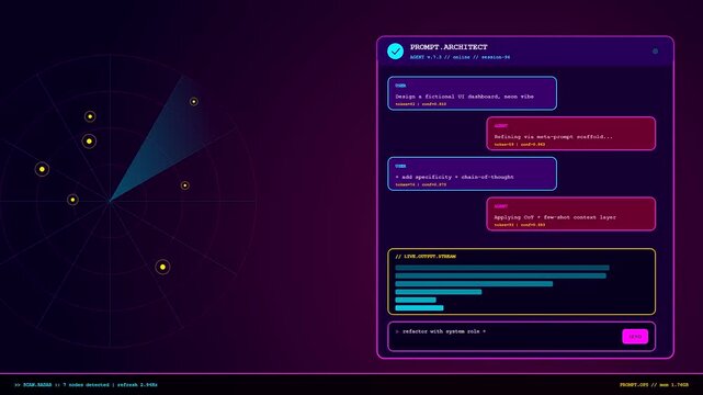 A futuristic Prompt Engineering UI displays dynamic radar sweeps and chat bubbles as an artificial intelligence refines complex data queries in a dark neon digital environment.