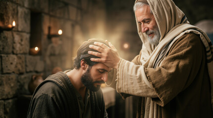 Obraz premium Ananias healing Saul in a biblical setting. Religious scene of laying on of hands for restoration and faith