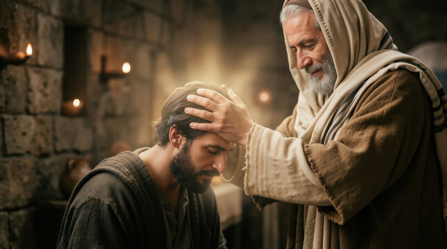 Ananias healing Saul in a biblical setting. Religious scene of laying on of hands for restoration and faith