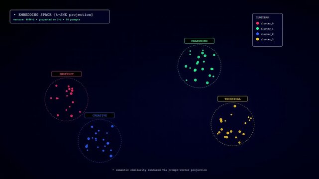 This video showcases a high-tech Prompt Engineering UI as colorful data points emerge and cluster into semantic groups representing reasoning and creativity on a dark glowing background.
