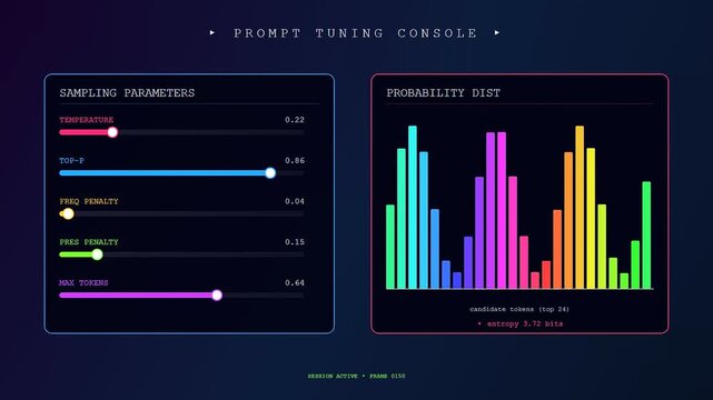 This futuristic Prompt Engineering UI shows animated sliders and colorful bar charts fluctuating on a dark screen to represent data visualization and machine learning parameter adjustments.
