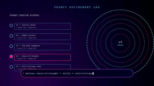 This futuristic Prompt Engineering UI displays a version history of AI iterations as text is typed into the dark command bar with neon glowing accents.