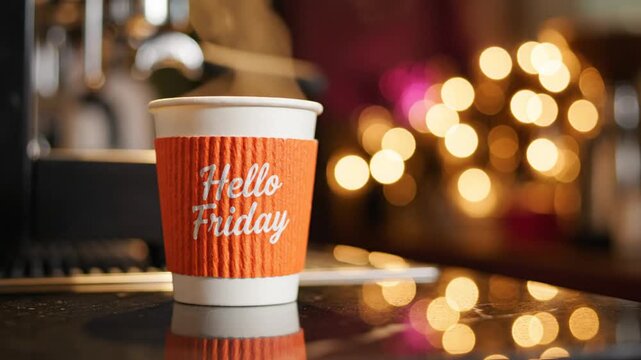 Hello Friday coffee cup with steam and festive bokeh lights