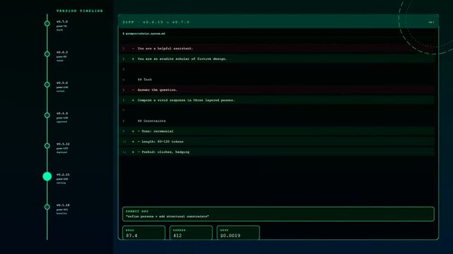 A sleek and modern Prompt Engineering UI displays a vertical scrolling timeline of iterative code changes and digital version control updates with glowing green accents.
