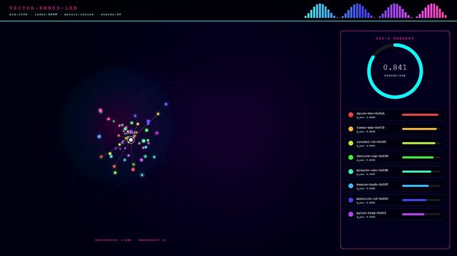 A futuristic prompt engineering UI displays dynamic data visualization of vector embeddings as colorful particles cluster and move within a dark digital space for analysis