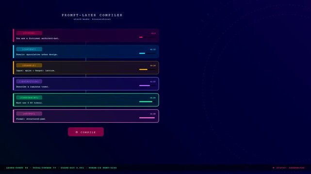 A sophisticated dark mode digital dashboard displaying a Prompt Engineering UI where modular text blocks pulse with neon colors to simulate a futuristic software compilation process