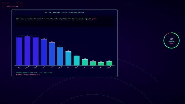 An advanced prompt engineering UI dynamically generates text while showing the shifting token probability distributions through animated bar charts and glowing circular progress indicators in motion.