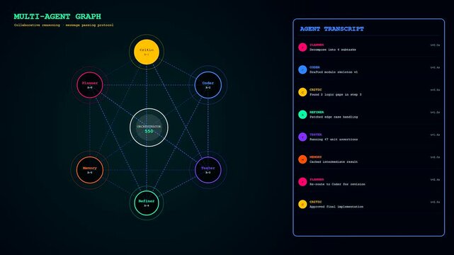 A high tech prompt engineering UI displays a complex network of AI agents collaborating in real time as a digital transcript log updates with logical task completions.