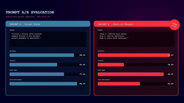 This dynamic Prompt Engineering UI display showcases an animated A/B test comparison where digital bars fluctuate to visualize accuracy and cost efficiency metrics on a dark screen