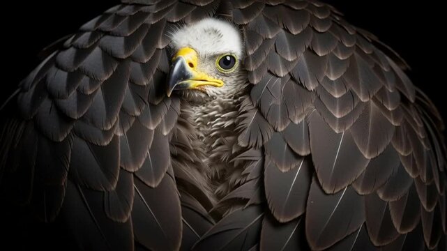 Close-up of a fluffy eagle chick hidden under dark protective wings