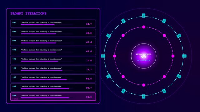 This animated Prompt Engineering UI displays data visualization through various machine learning optimization stages as progress bars and glowing circular metrics update across the dark screen